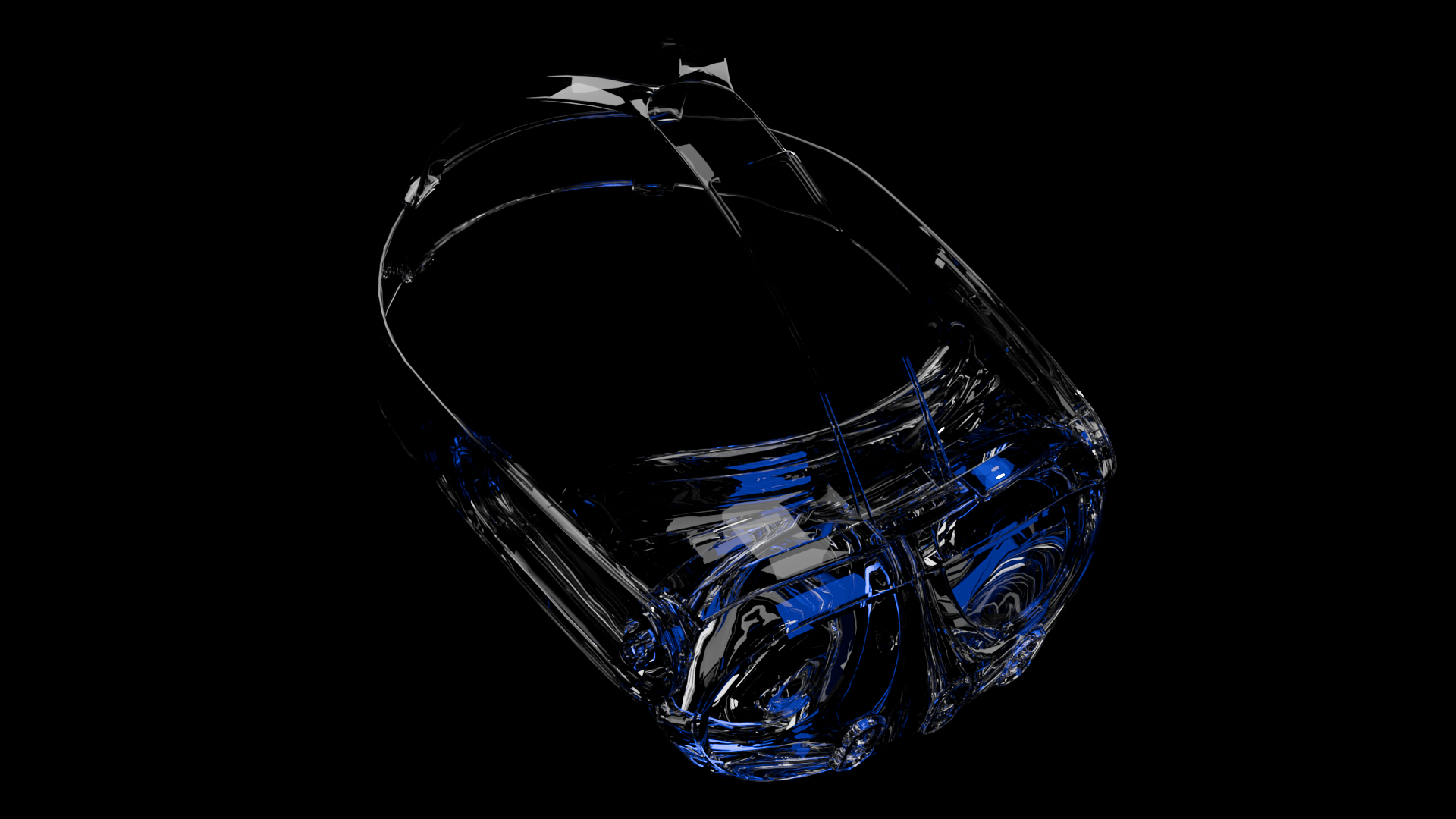 A transparent glass helmet with blue and black accents on a black background.