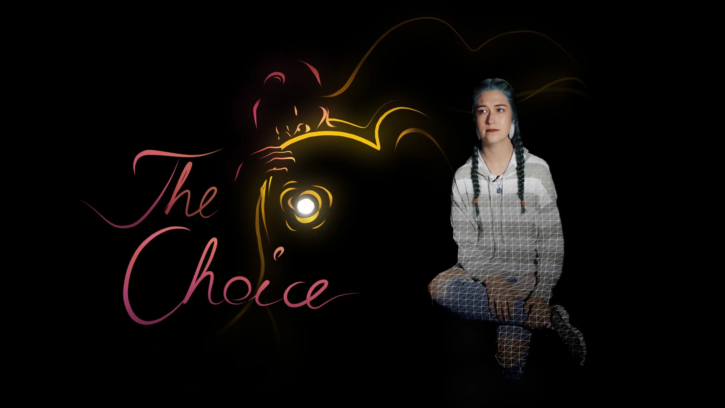 A digital graphic with a neon outline of a cougar's face and the words 'The Choice' in pink cursive. A young woman with braided hair, wearing a checkered shirt, kneels on the right side, partially in a wireframe overlay.