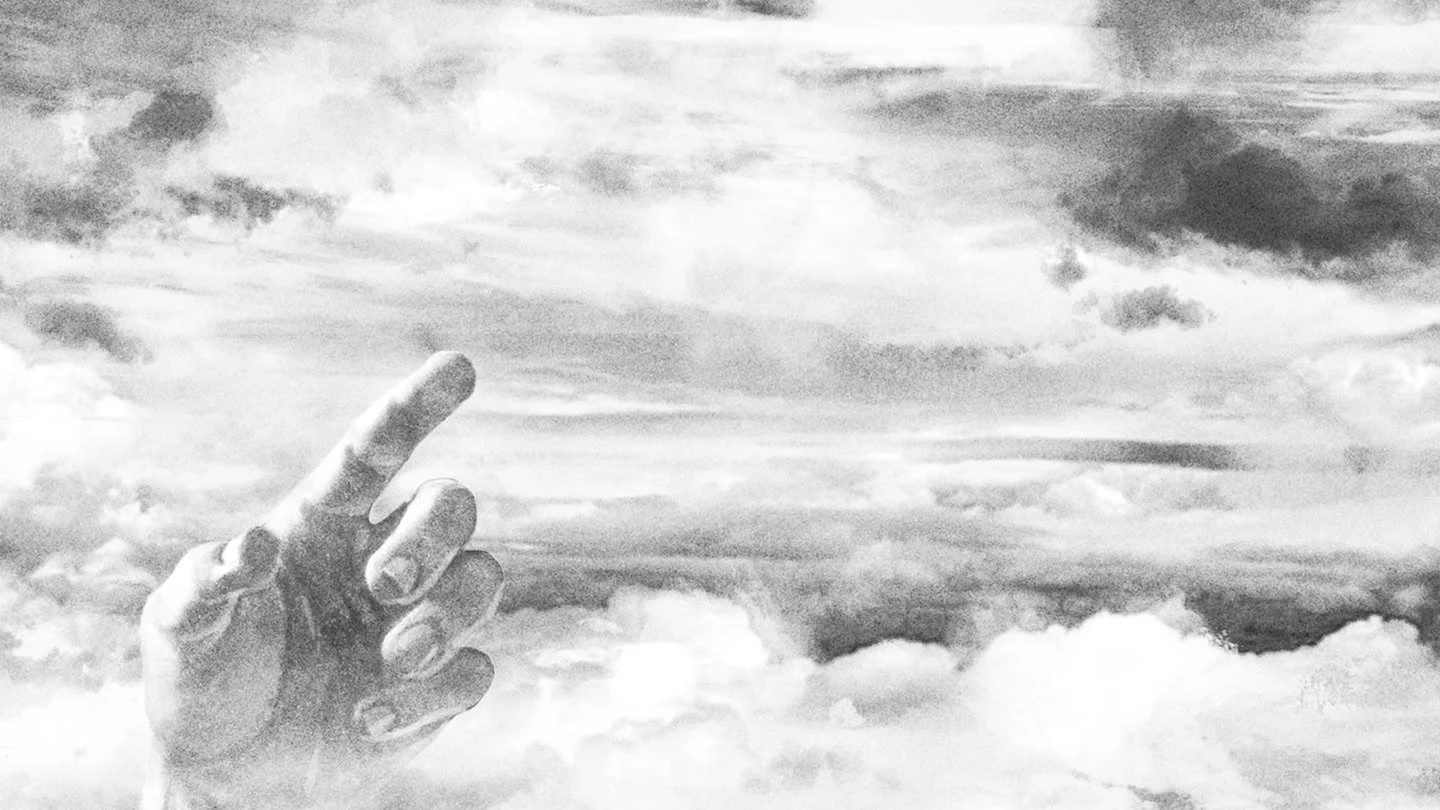 A black and white drawing of a human hand reaching upward with the index finger extended, set against a cloudy sky background.