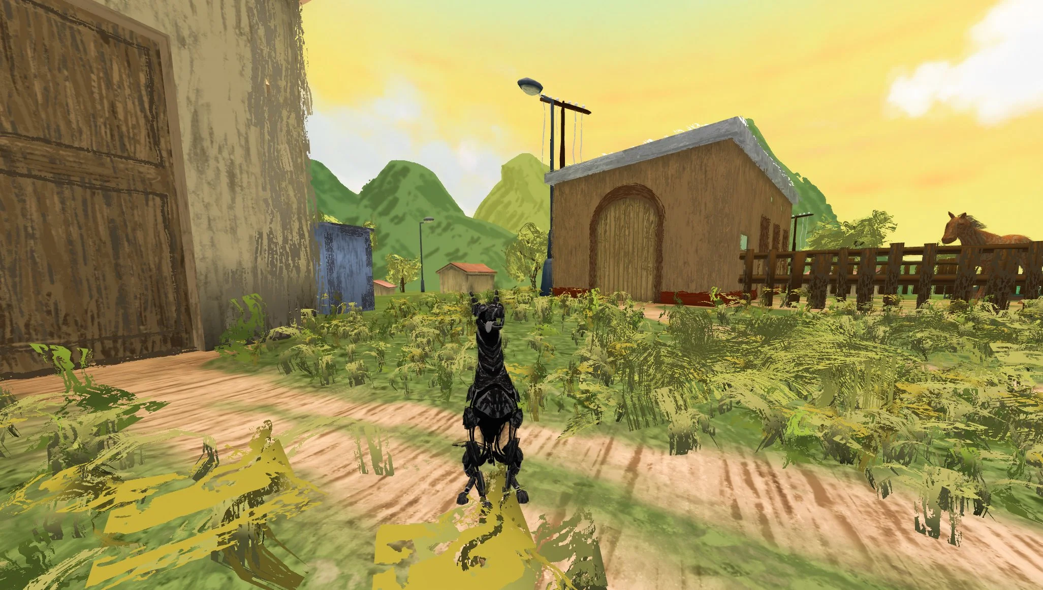 Digital illustration of a farmyard scene with a stylized black llamas standing on a dirt pathway, surrounded by green crops, with wooden sheds, a horse in the distance, and green hills under a sunny sky.