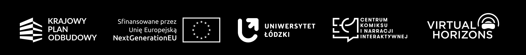 Logos and text on a black background for various organizations and initiatives, including Krajowy Plan Odbudowy, European Union, University of Łódź, Interactive Comic and Narration Center, and Virtual Horizons.