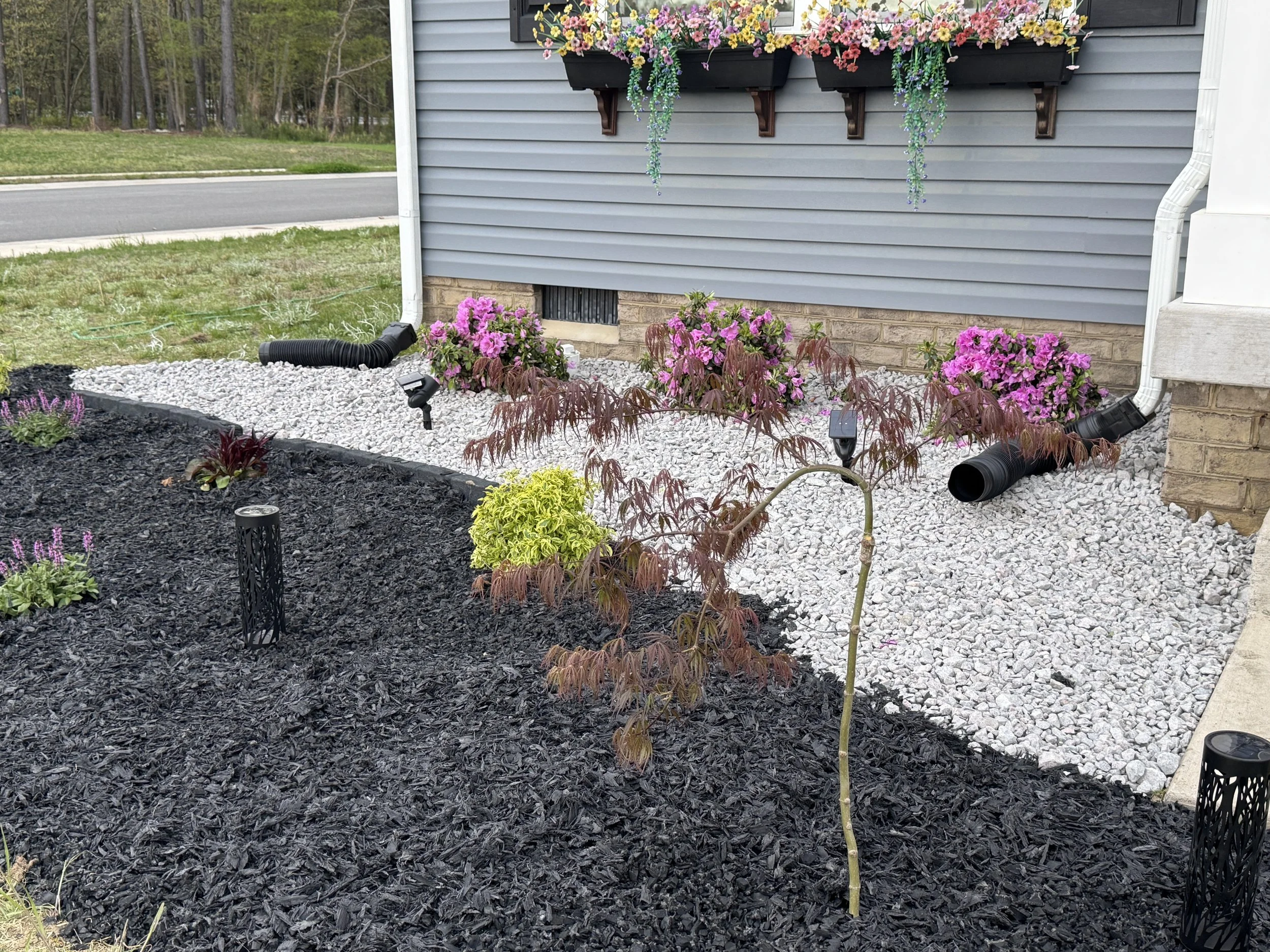 A landscaped garden area next to a house with blue siding, featuring a variety of pink and purple flowering plants, decorative black mulch, white gravel, garden lights, and drainage pipes.