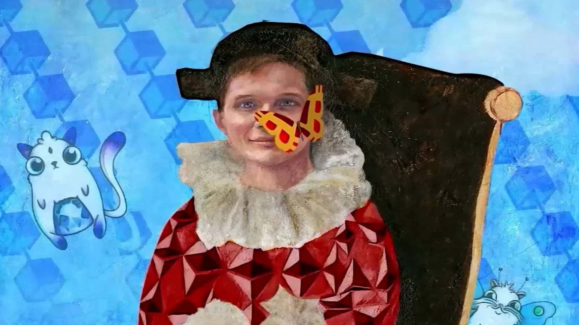 A person dressed as Santa Claus with a butterfly sticker on their nose, sitting in front of a blue background with cartoon animals, including a white and blue cat and a white and pink creature, with a large black and gold Christmas tree in the background.