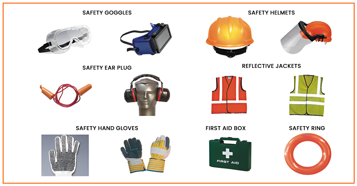 Display showing various safety equipment including goggles, a welding helmet, an ear plug, ear muffs, a reflective vest, a safety jacket, safety gloves, a first aid box, a safety ring, and a hard hat.