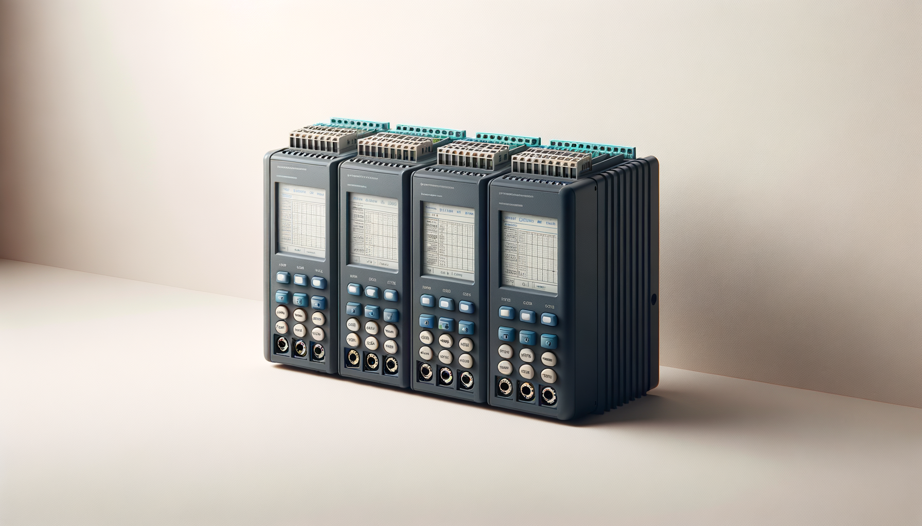 Four industrial devices with small screens and multiple buttons lined up on a light-colored surface.
