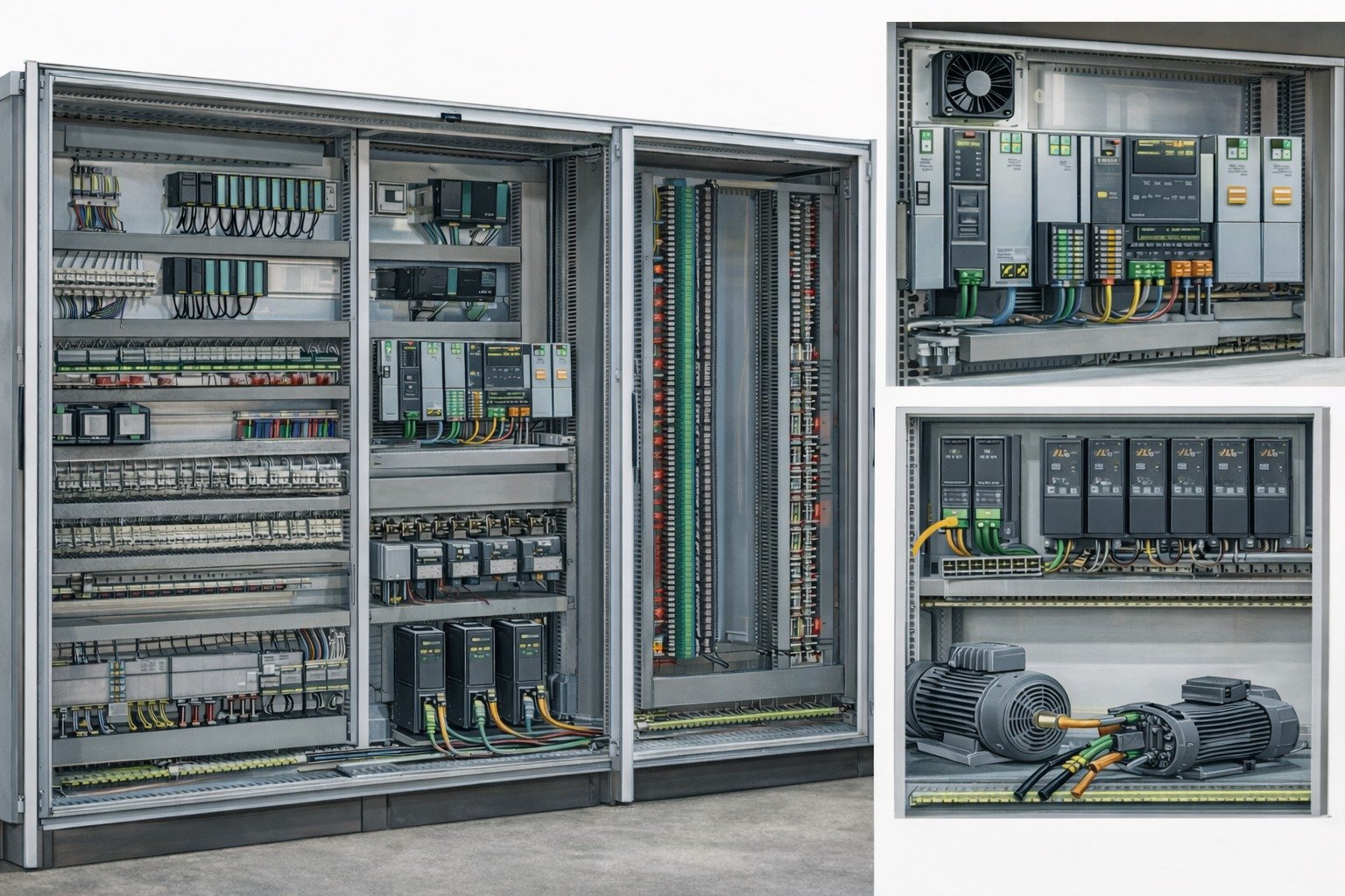 Open electrical control panels showing various circuit boards, wiring, relays, and motors, indicating an industrial electrical system setup.