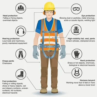 Construction worker wearing safety gear including a yellow helmet, goggles, ear protection, gloves, harness, and reflective vest, with labeled safety equipment and protective gear.