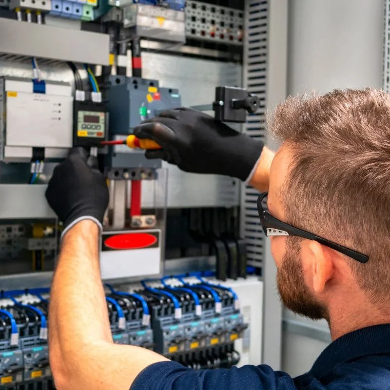 A technician wearing safety glasses and black gloves working on an electrical control panel with various wires and circuit breakers.