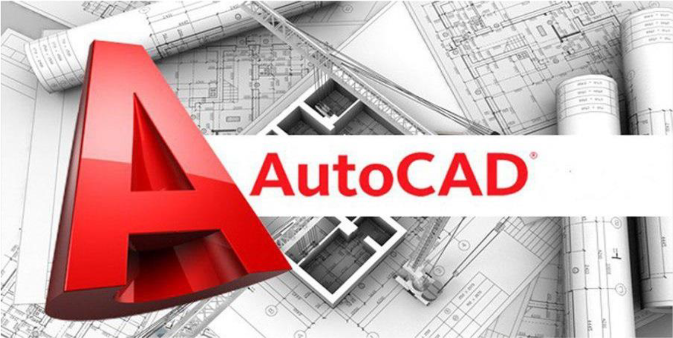 AutoCAD logo overlaid on architectural blueprints with blueprints rolled up and a tower crane in background.