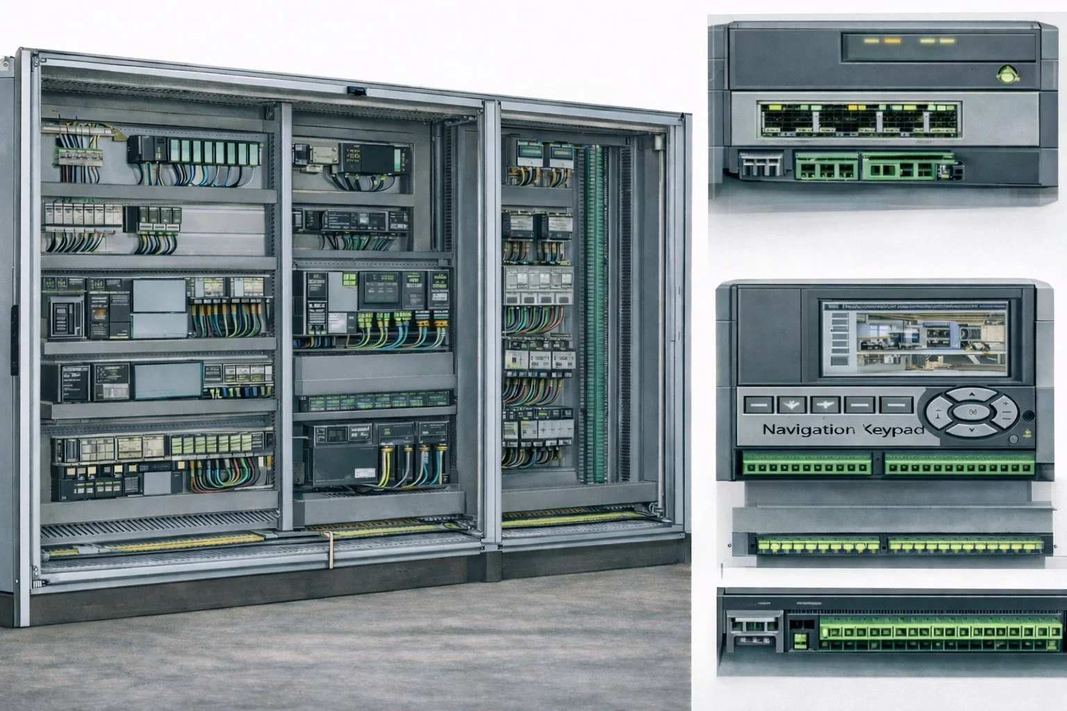 Industrial control panels and programmable logic controllers (PLCs) with wiring and electronic components.