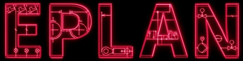Neon sign spelling 'EPLAN' in bright pink with a black background.