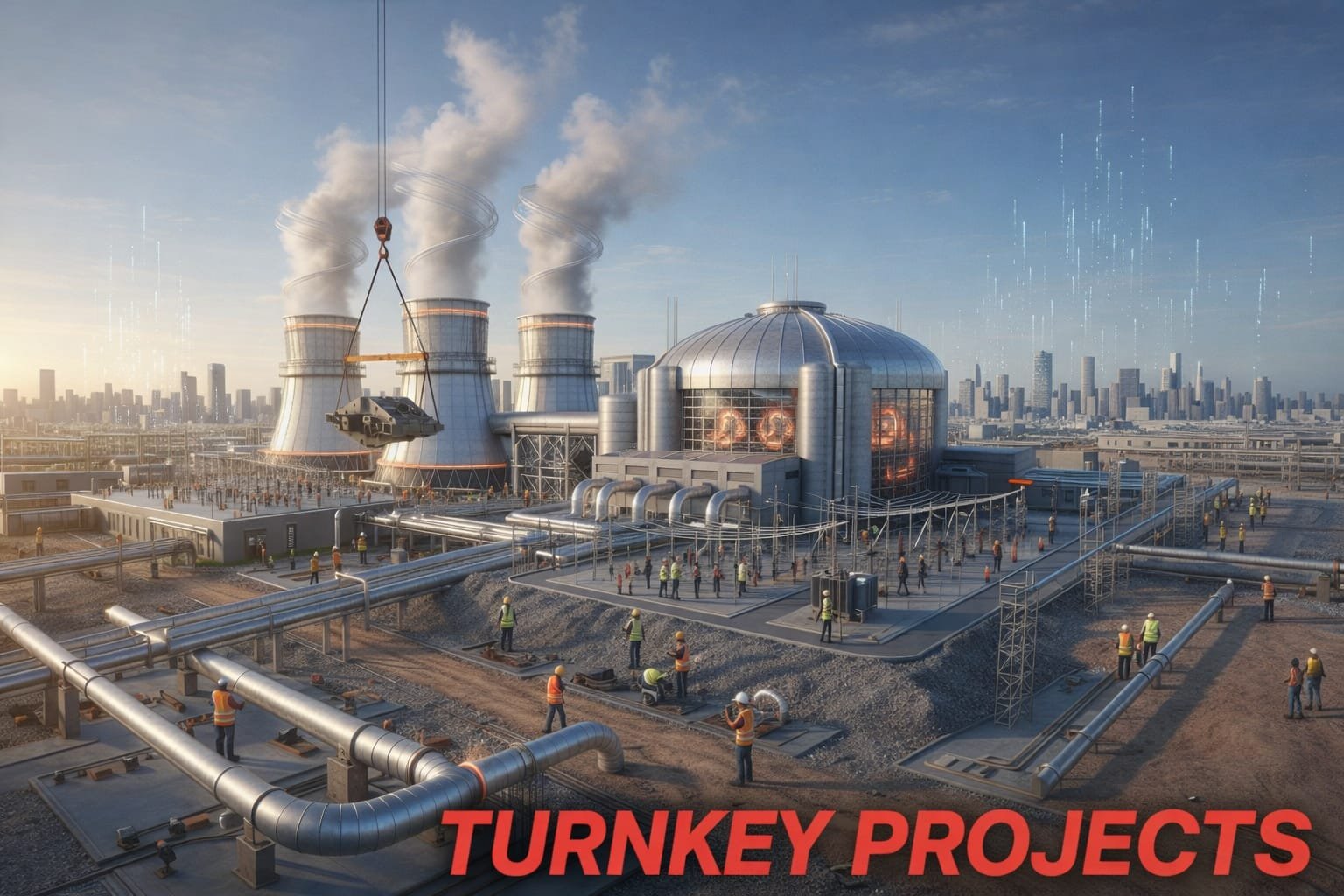 A large industrial rooftop with cooling towers emitting steam, a domed building with fire inside visible through windows, numerous pipes, and workers in safety vests. The city skyline is visible in the background. The text 'TURNKEY PROJECTS' is displayed at the bottom in red.