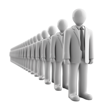 A row of faceless, uniformed figures in suits standing in line, extending into the distance.