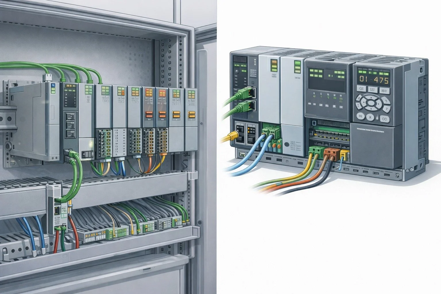 Electrical control panel with circuit breakers and wires on the left; motor controller with display, buttons, and wires on the right.