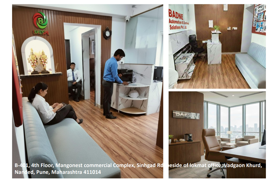 Images of an office reception area with people waiting and working at desks, featuring branded signage 'BAESPL' and 'BADNE', modern furniture, and large windows showing a city skyline.