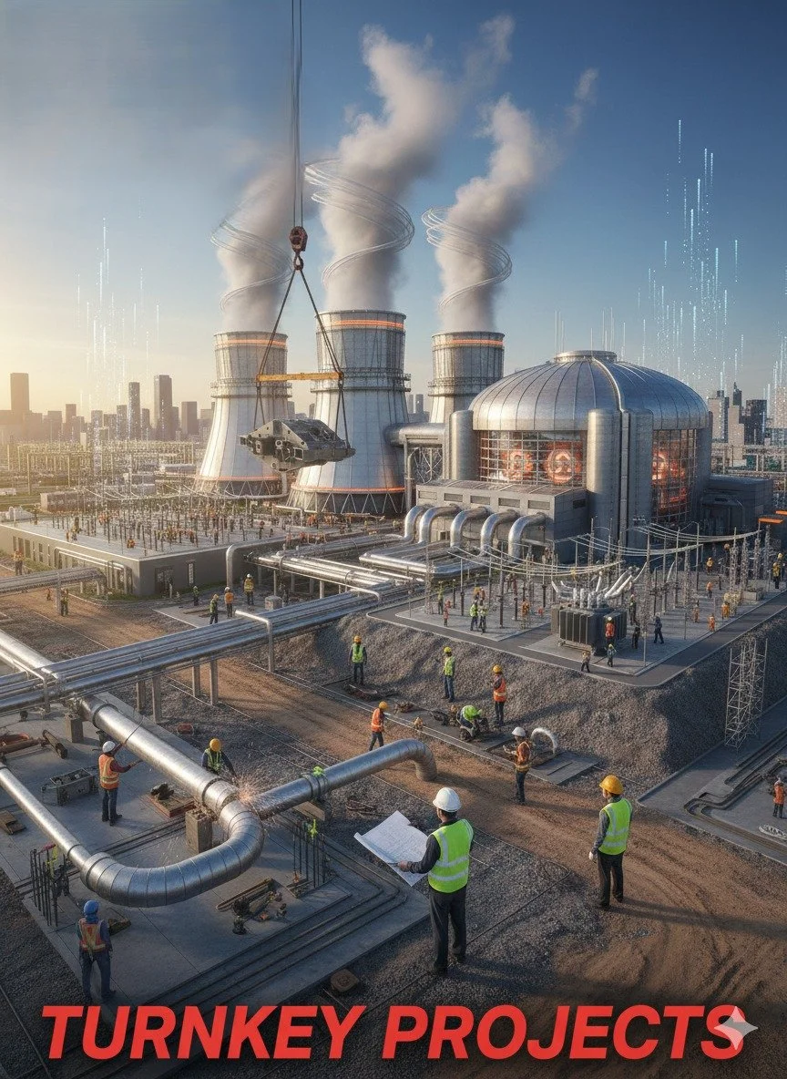 A construction site for a new power plant with large cooling towers emitting steam, workers in safety vests and helmets, and a crane lifting a car, all under a clear blue sky.