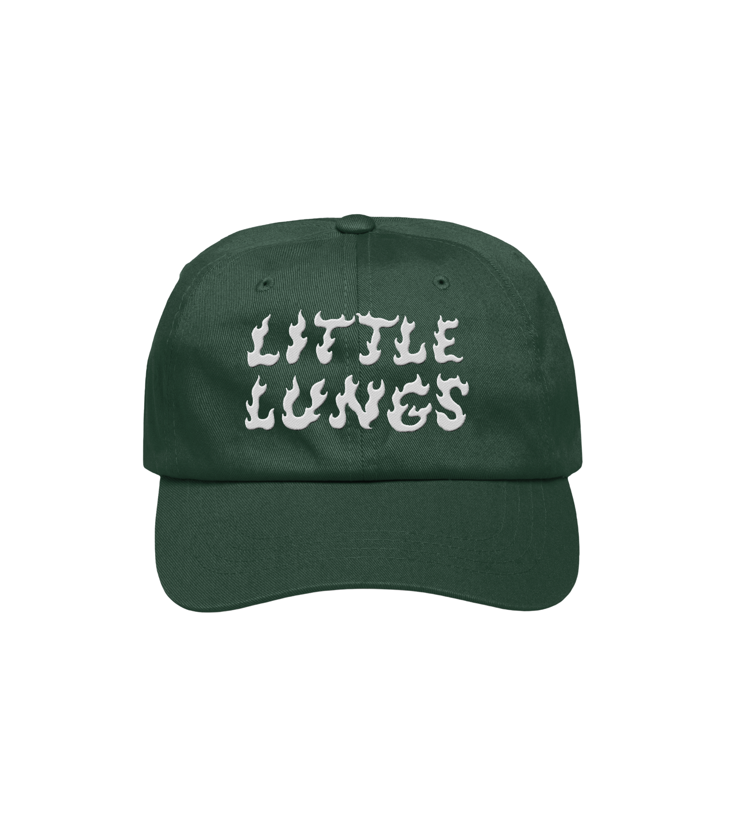 Green baseball cap with white text that reads "Little Lungs" in a stylized flame-like font.