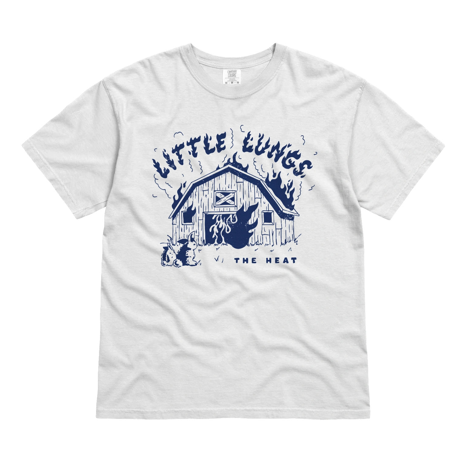 White T-shirt with navy blue graphic design of a burning barn, with the text 'LITTLE FURNACE' above and 'THE HEAT' below.