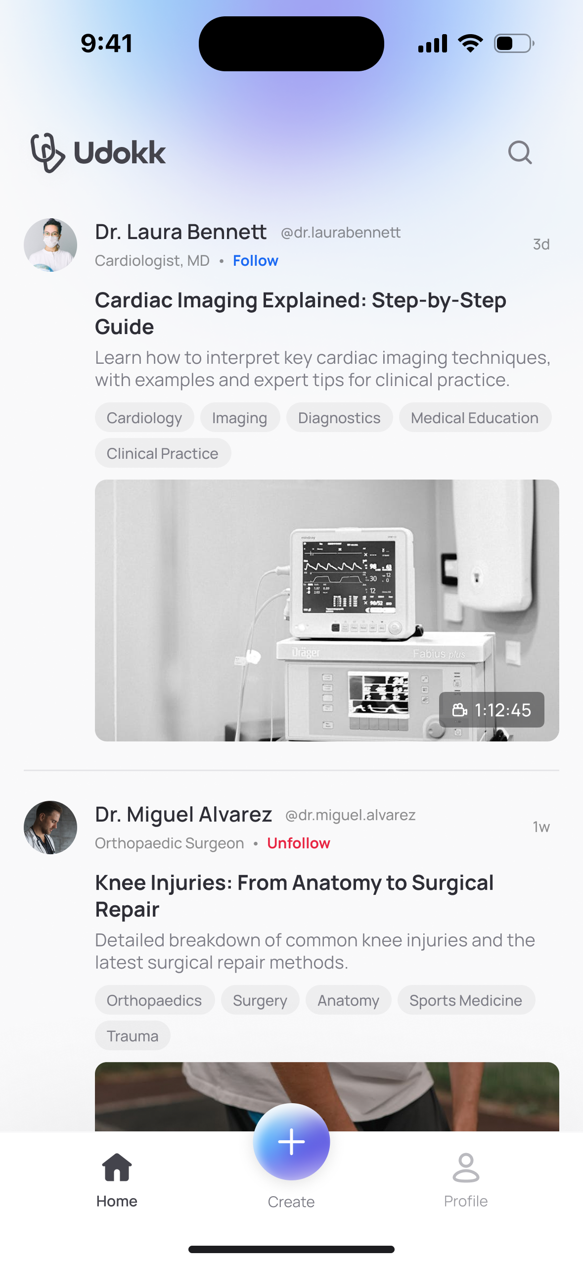 Screenshots of a mobile app with articles on cardiac imaging and knee injuries, showing images of medical devices and a person with a knee injury.