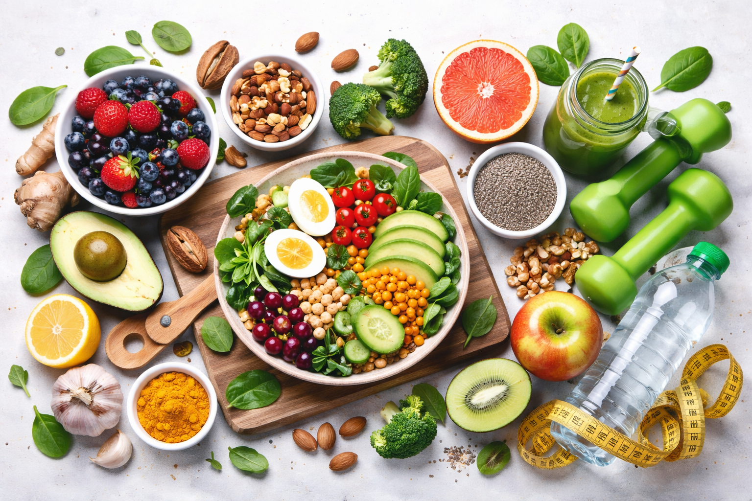 A variety of fresh fruits, vegetables, nuts, seeds, and health foods, including mixed berries, avocado, lemon, orange, kiwi, apple, cherry tomatoes, cucumber, broccoli, garlic, turmeric, almonds, chia seeds, and a green smoothie in a jar, arranged on a table with a salad bowl at the center.