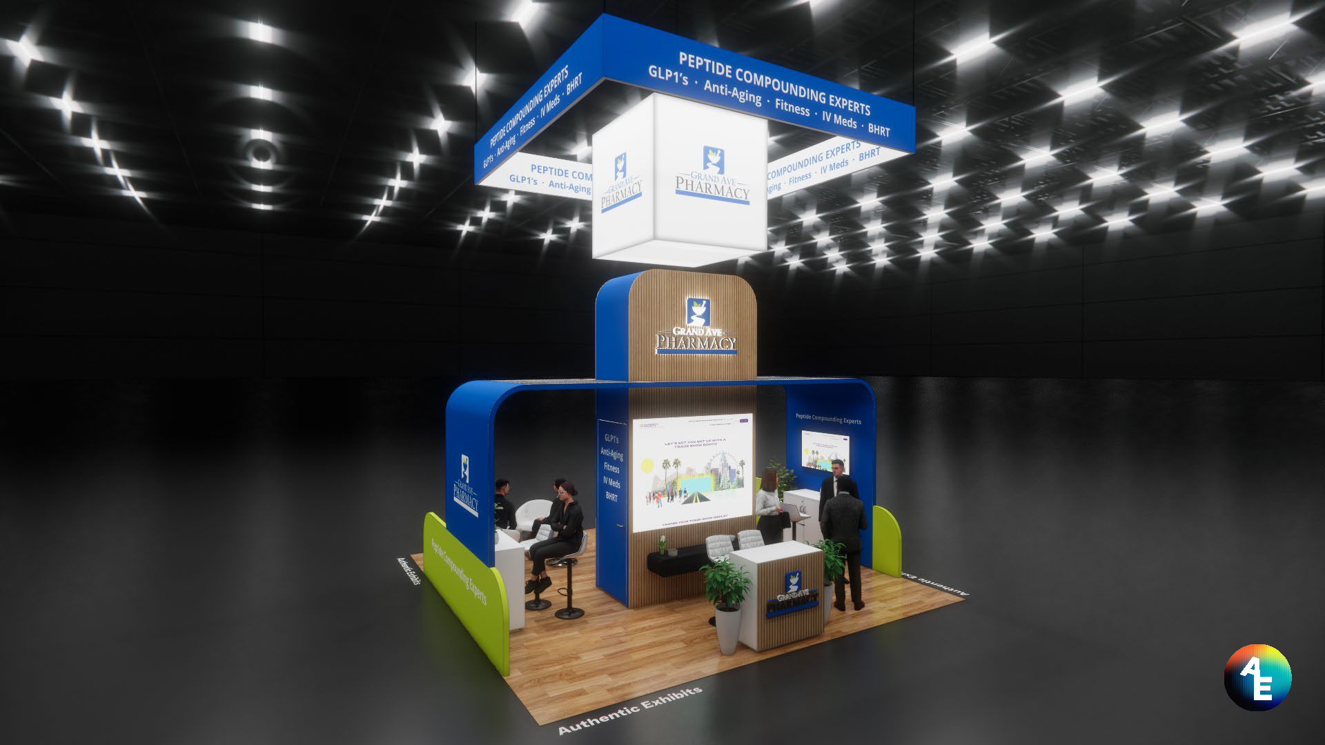 Exhibition booth for Grand Ave Pharmacy with signage highlighting peptide compounding experts, anti-aging, fitness, IV meds, and BHRT, featuring digital screens, chairs, and plants on a wooden floor, in a dark conference hall.