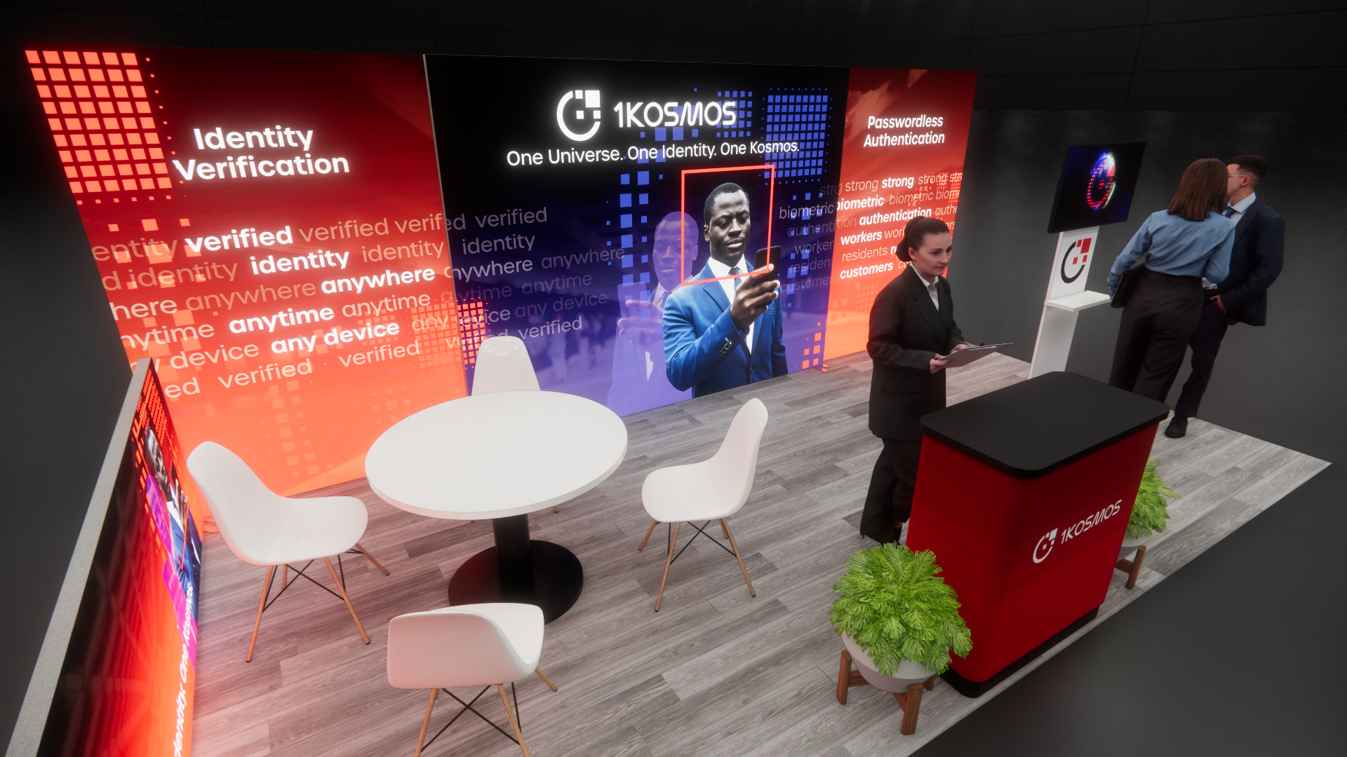 An office booth with a large digital display background showing the words 'Identity Verification' and 'Passwordless Authentication', with a man in a blue suit using a device to scan his face for verification, and two people talking nearby, with a wom