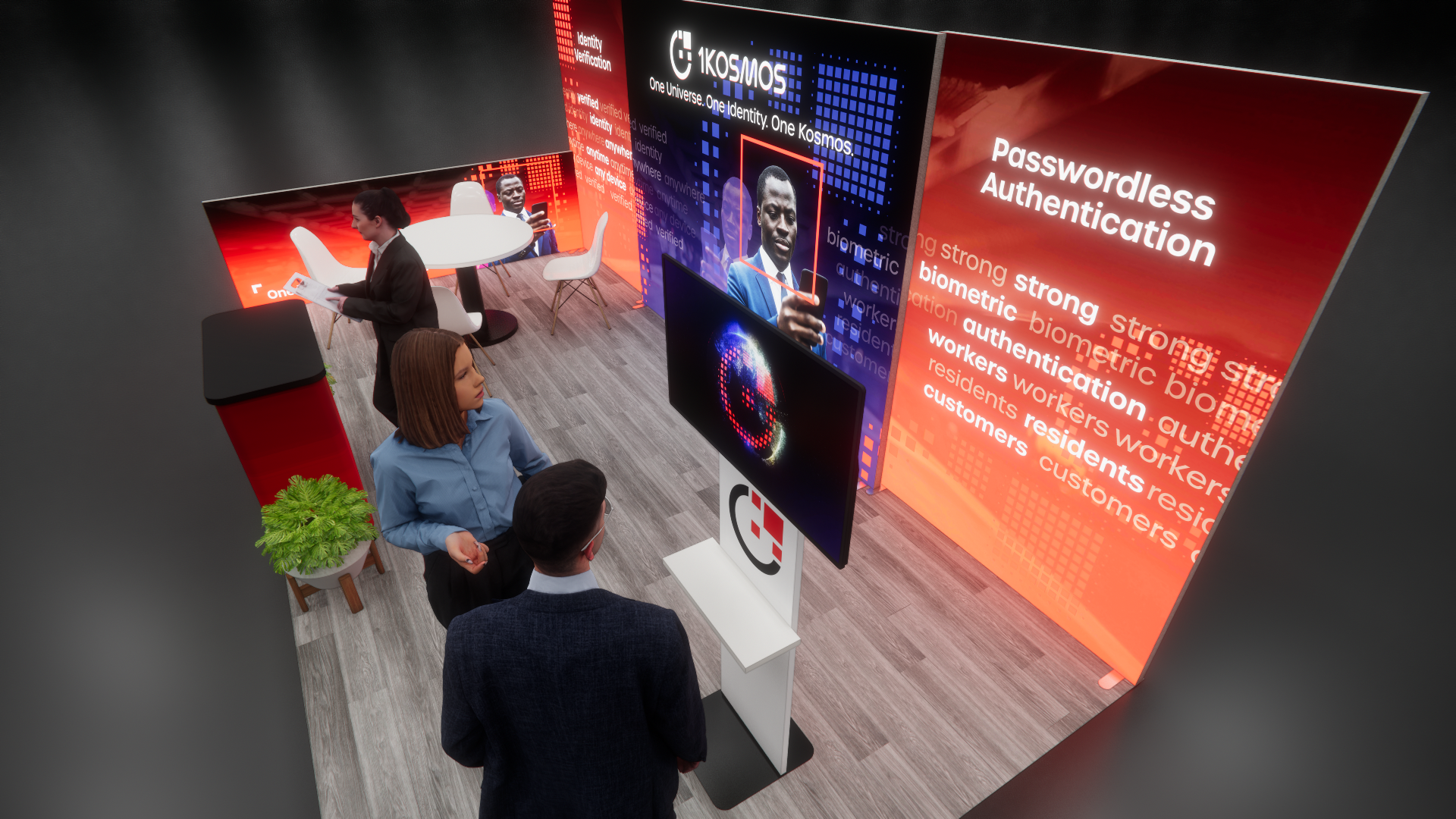 A conference room with large digital screens displaying information about passwordless authentication, biometric identification, and identity verification. Several people are engaging with the screens, including a woman reading a document and others 