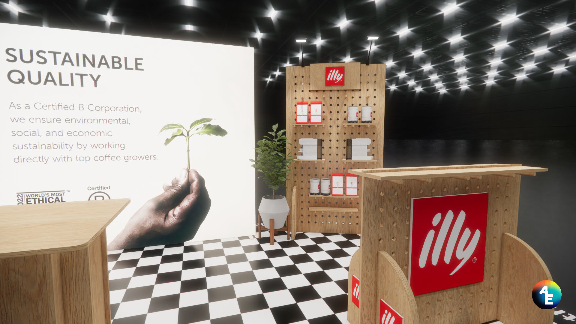 Exhibition booth for illy coffee with wooden display shelves holding coffee products, a counter with illy logo, and a large poster about sustainable quality featuring a hand holding a small plant.