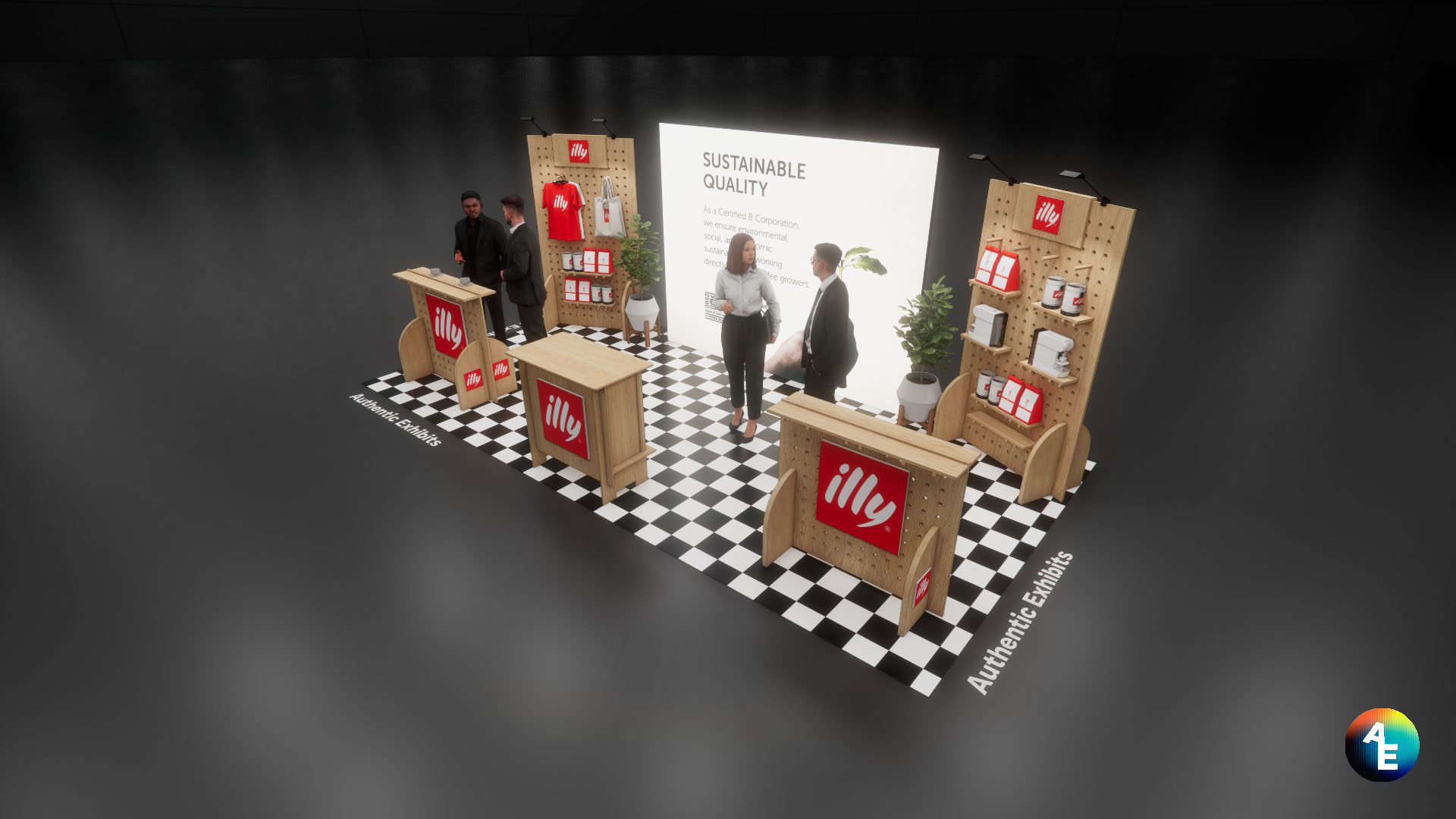 Booth for Illy with branding and product displays, featuring a large white board with text about sustainable quality, two men and one woman talking, and various product shelves and displays on a checkered floor.