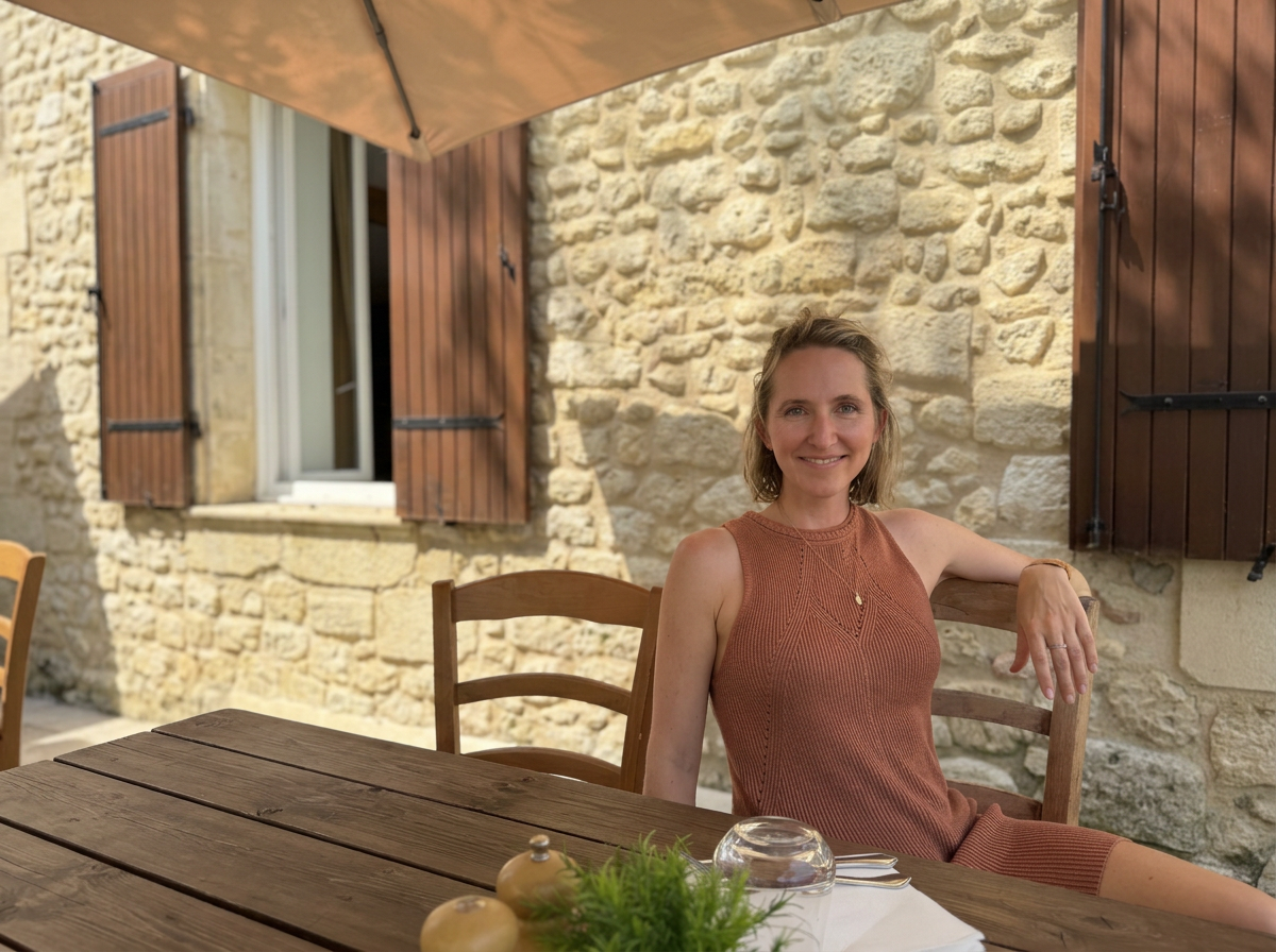 Eine lachende Frau sitzt im Freien an einem Holztisch vor einer Steinmauer mit Fenstern mit Holzläden, Sonnenlicht und einem Sonnenschirm im Hintergrund.