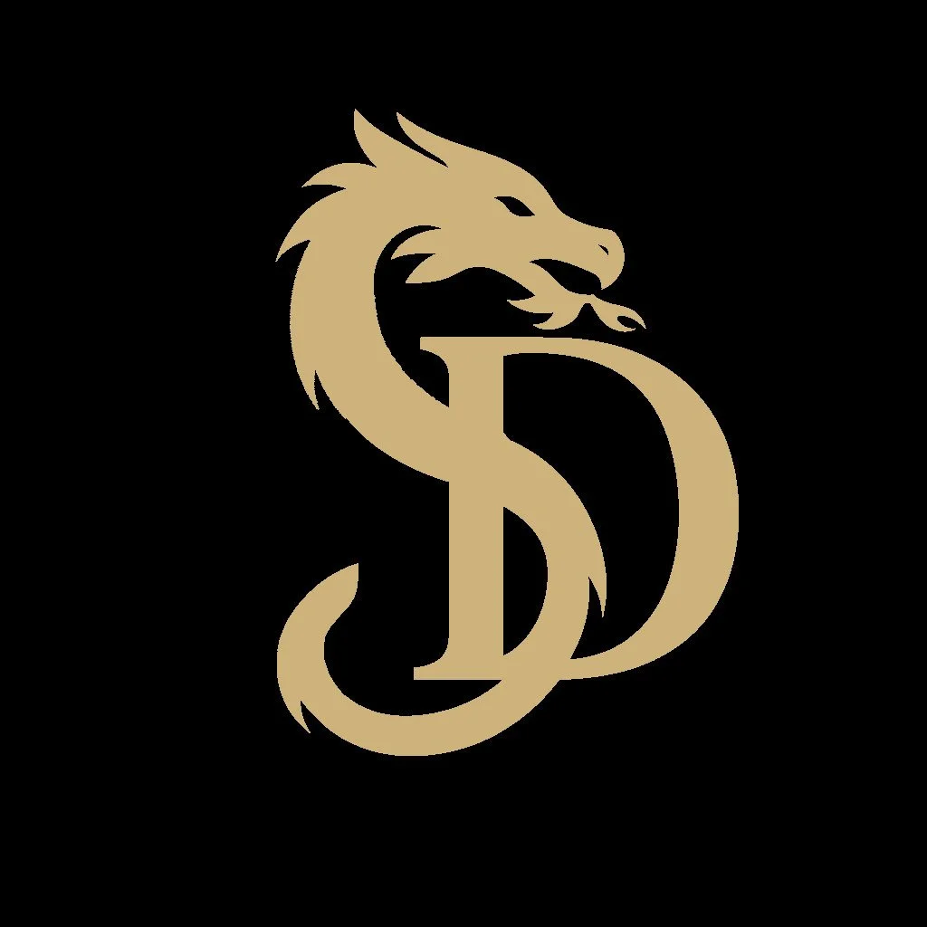Black background with a gold crest featuring a dragon's head and the intertwined letters 'S' and 'D'.
