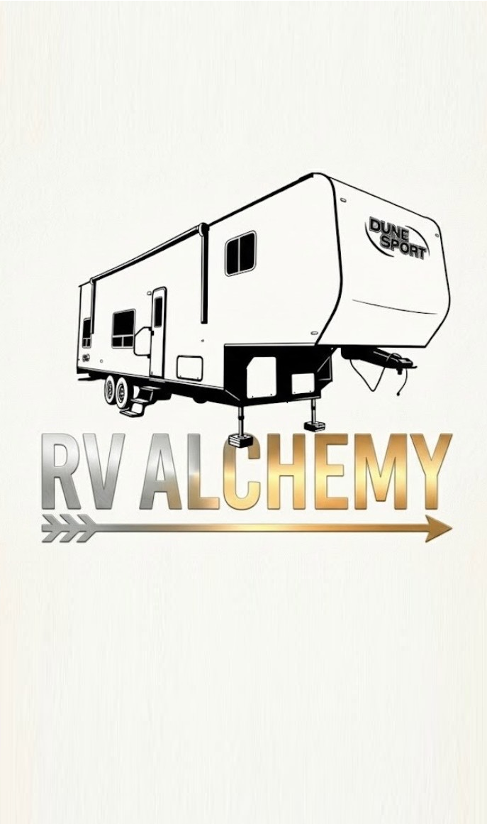 Line drawing of a travel trailer above the text "RV ALCHEMY" with a gold arrow underneath.