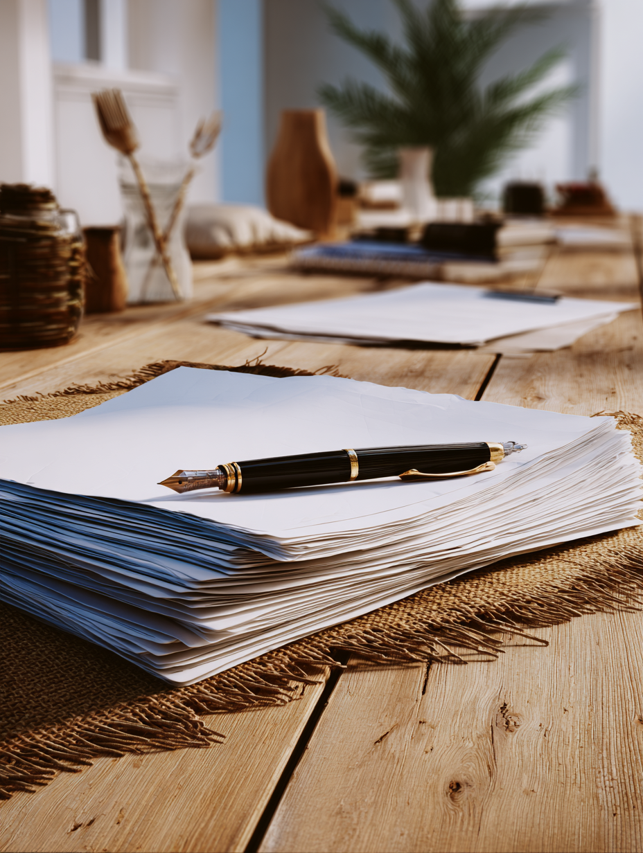 A close-up of a wooden desk with a large stack of papers and a black and gold fountain pen on top. The background includes blurred office supplies and a potted plant.