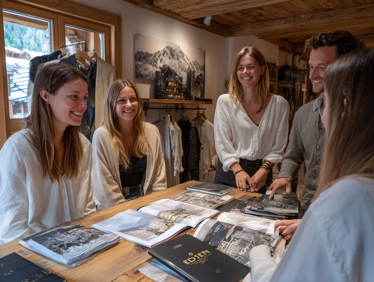 A group of five people, three women and two men, gathered around a wooden table, looking at and discussing large open magazines with images of real estate and architecture. The room has wooden walls and a ceiling, with a window showing snow-covered trees outside. There are clothing items hanging in the background and a mountain-themed picture on the wall.