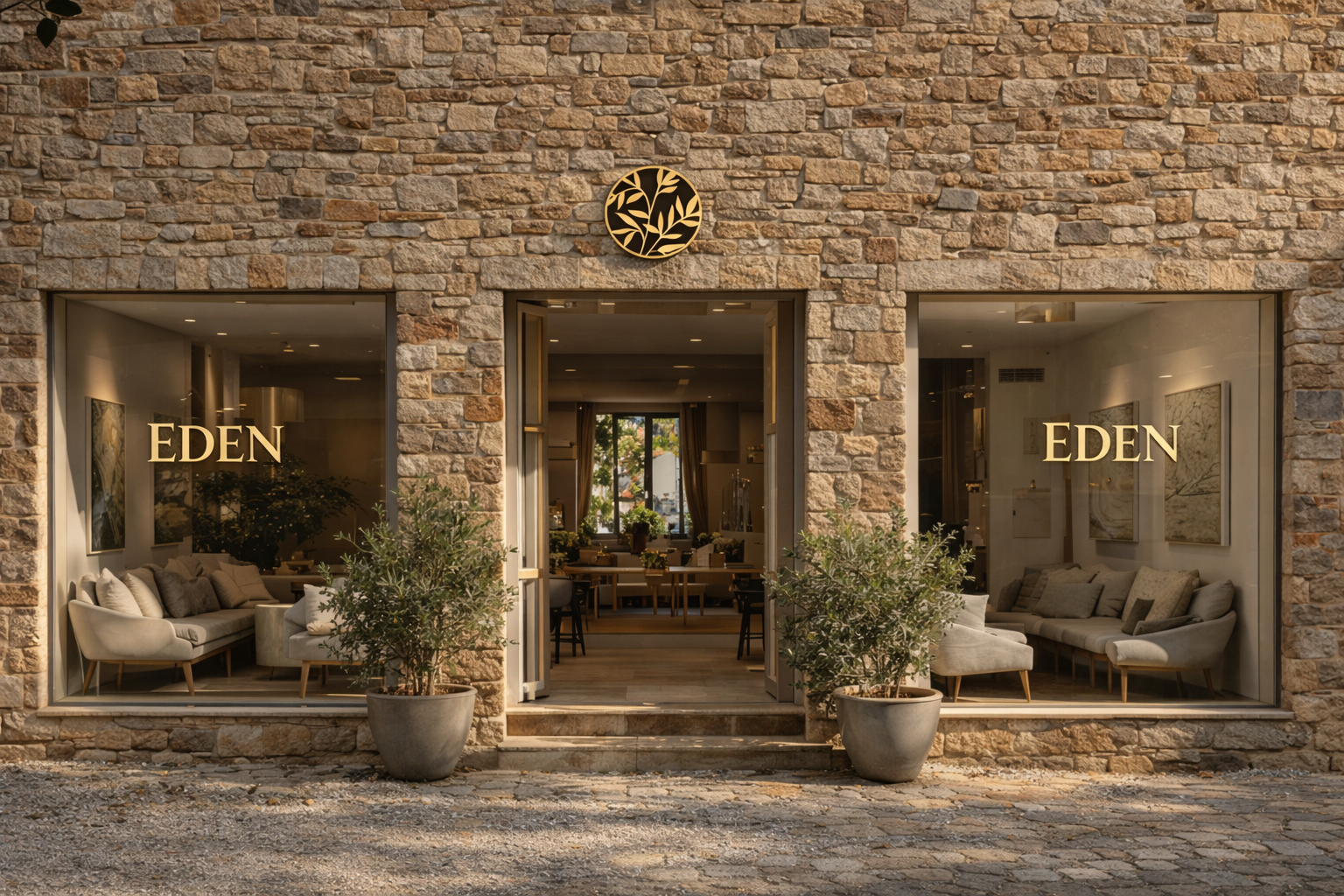 The storefront of a boutique shop called EDEN, with large glass windows on either side of a central doorway. Inside, the shop has modern furniture and artwork, with a sign on each window that reads EDEN. Two potted trees flank the entrance, and a circular logo with a leaf pattern is above the door on the brick wall.
