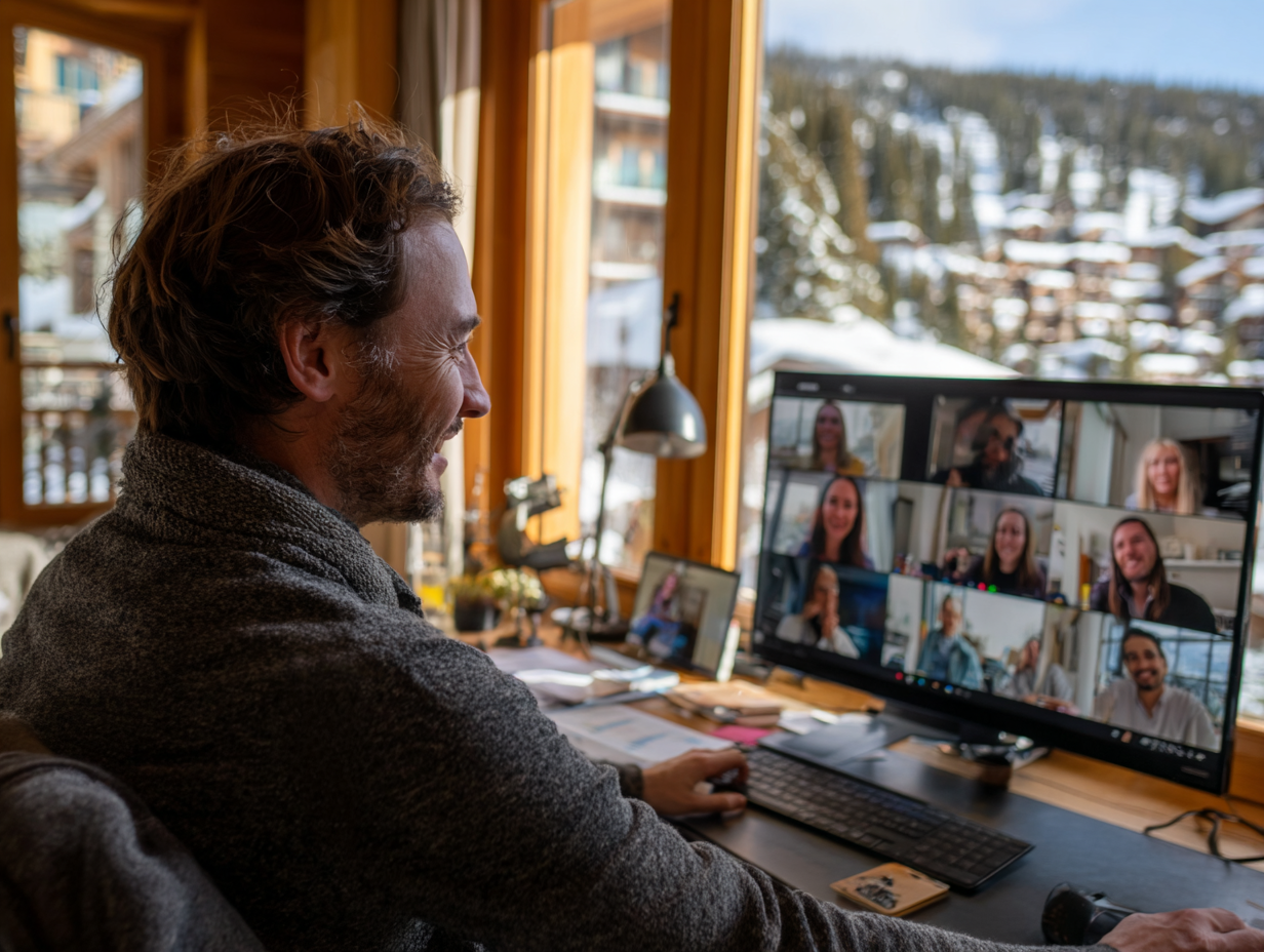 A man with brown hair and a beard laughing while participating in a video call on a computer in a cozy wooden cabin with snow outside.