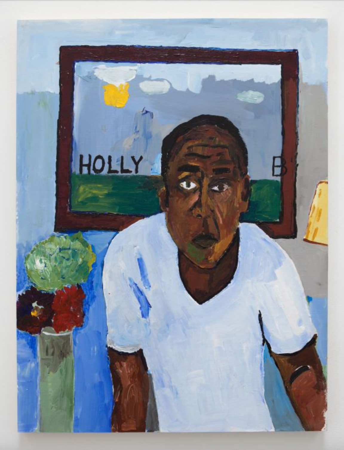 Painting of a woman with dark skin and short black hair, wearing a white shirt, sitting in front of a window with the name 'HOLLY' on it. There is a green and red flower arrangement on a blue surface to her left.