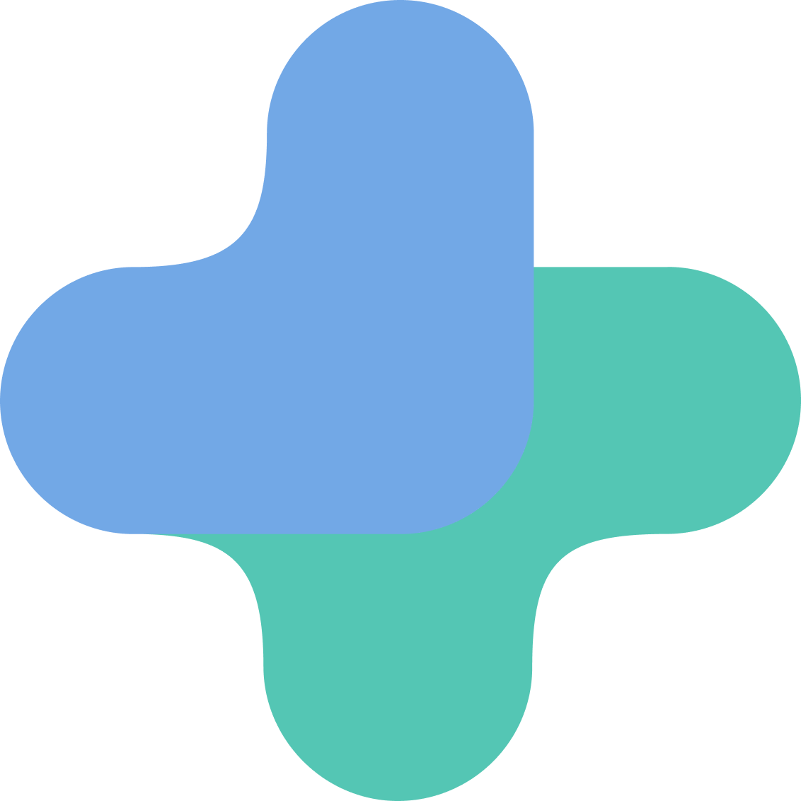 A colorful abstract shape with four interconnected rounded arms in shades of blue and teal.