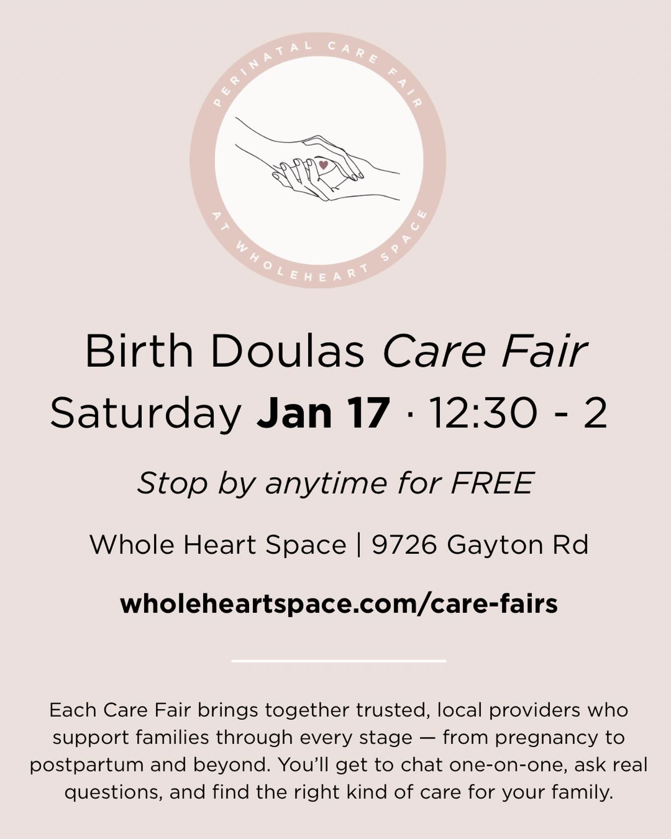 ✨ Looking forward to this meaningful event! ✨

I&rsquo;m so excited to be attending the Doula Care Fair at Whole Heart Space on January 17th from 12:30&ndash;2:00 PM, and I can&rsquo;t wait to meet some of you in person.

I&rsquo;m a Richmond based b