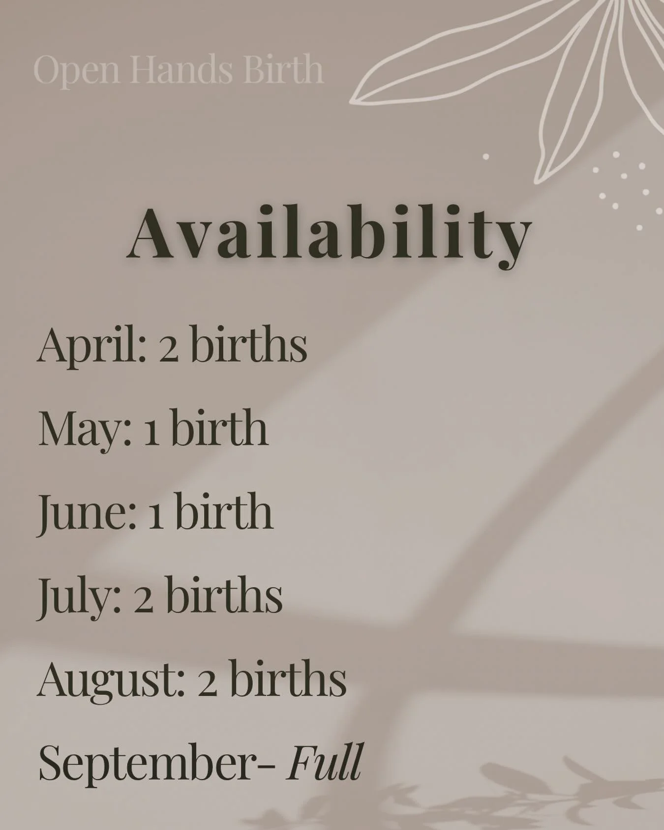 Open Hands Birth Services Availability 

I&rsquo;m so grateful for all the families I get to support! Here&rsquo;s my current availability for birth support over the next few months:

April: 2 births 
May: 1 birth 
June: 1 birth 
July: 2 births 
Augu