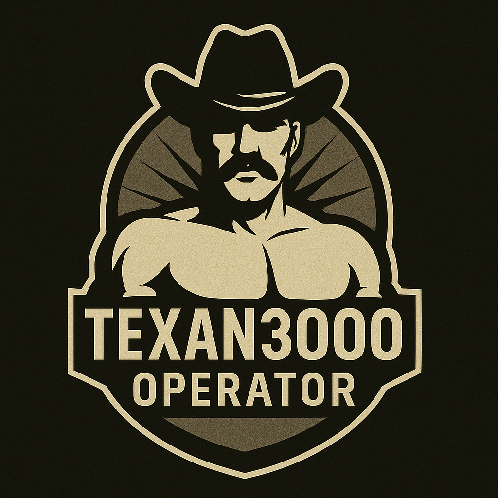 A logo featuring a muscular man with a mustache wearing a cowboy hat. Text reads 'TEXAN 3000 OPERATOR.'