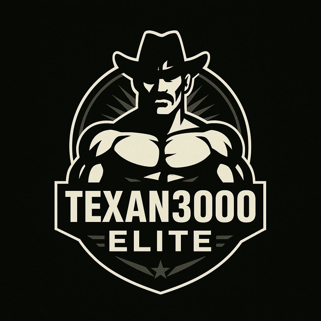 Logo with a muscular man with a hat, holding his fists together, with the text 'TEXAN 3000 ELITE' below him, on a black background.