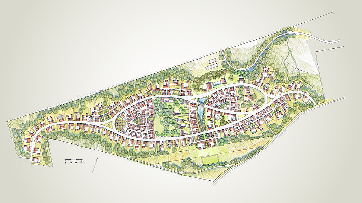 A detailed map of a residential neighborhood with winding roads, houses, green spaces, trees, and a river running through the area.