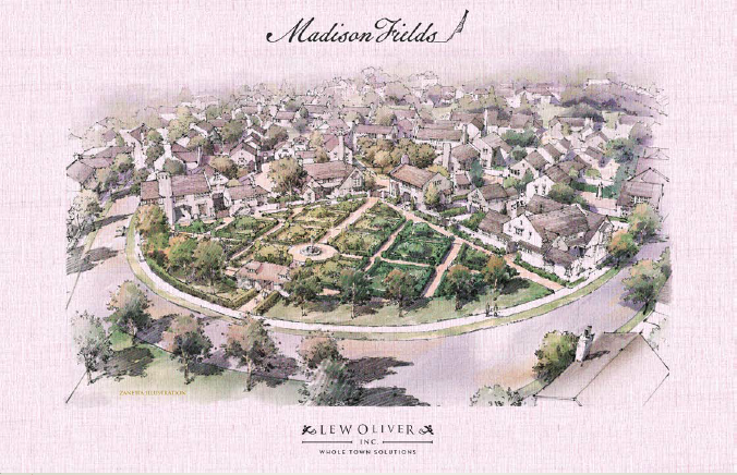 Watercolor illustration of a neighborhood with houses and green spaces, titled 'Madison Fields.'