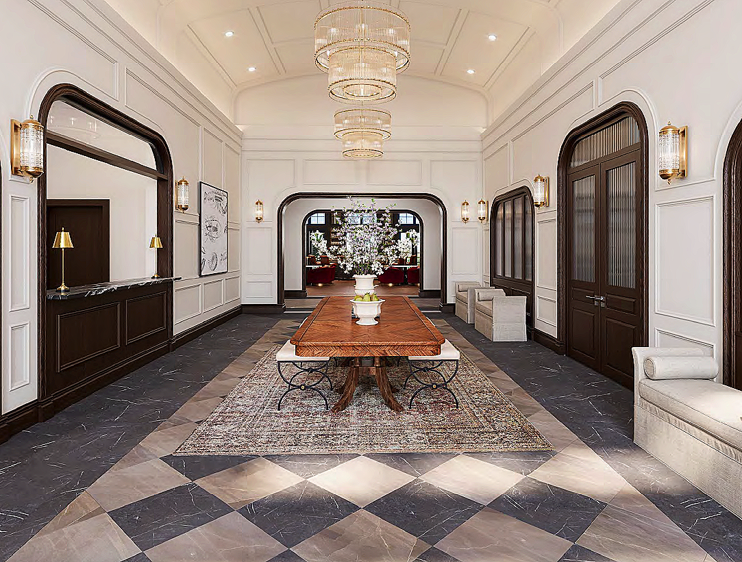 Elegant hotel lobby with white walls, dark wood accents, a central wooden table with a floral arrangement, marble floor with a patterned rug, and modern lighting fixtures.