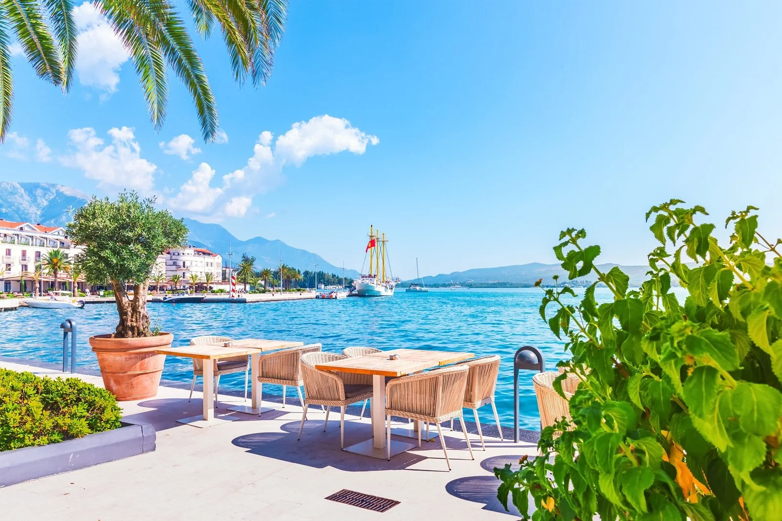 Porto Montenegro on Adriatic Sea - sea, mountains and caffe