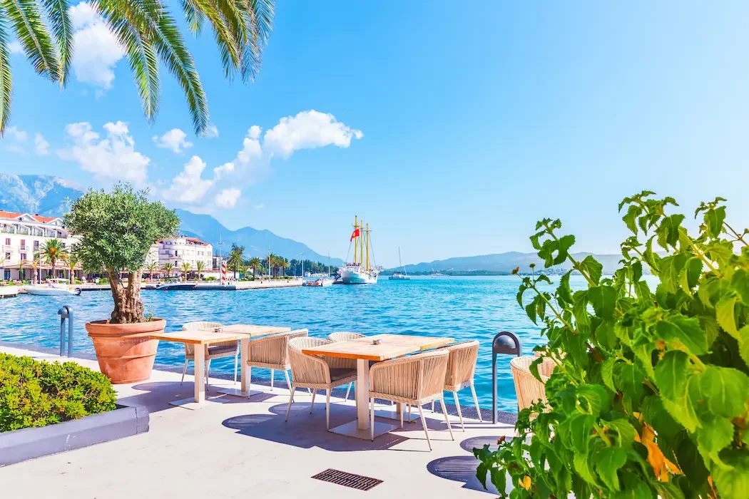 Porto Montenegro on Adriatic Sea - sea, mountains and caffe