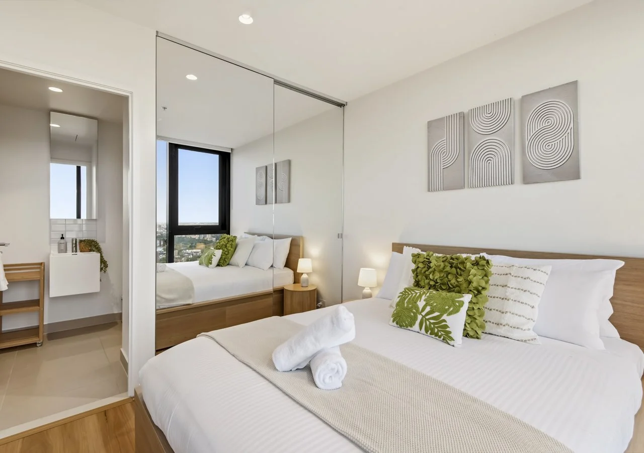 Modern bedroom with view of city Southbank