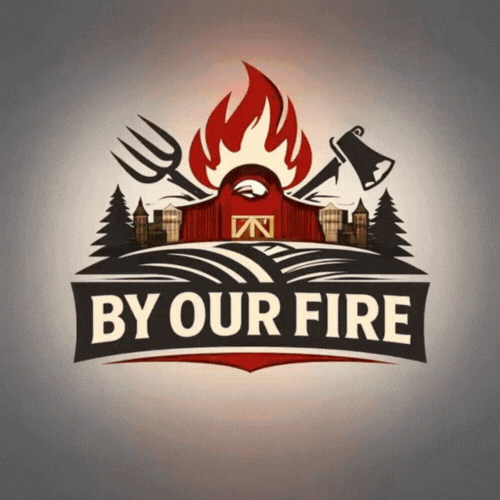 Logo with a fire, pitchfork, factory, barn, and trees, with the text "BY OUR FIRE".
