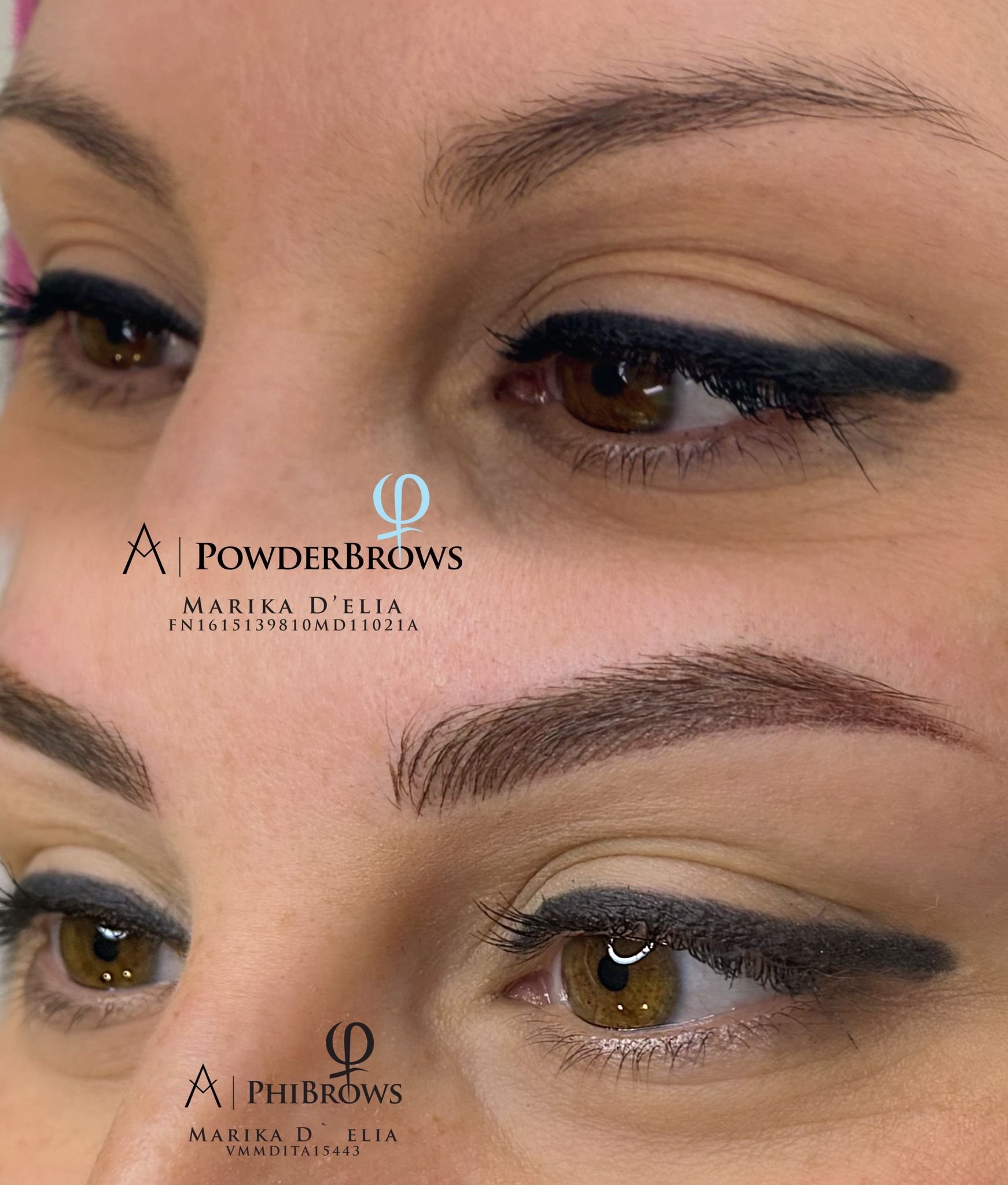 Immagine di un close-up degli occhi di una persona con sopracciglia e trucco nero sugli occhi, con un testo sovrapposto che promuove servizi di sopracciglia e trucco.